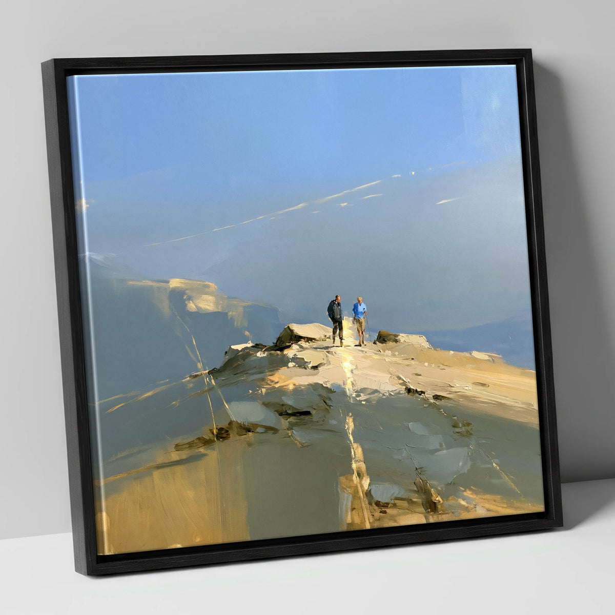 Walkers on a Sunlit Ridge lake district walking canvas wall art in black frame