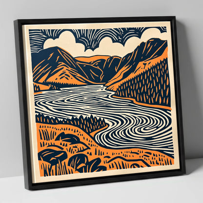 Navy and Terracotta Crummock Water lake district lake canvas wall art in black frame