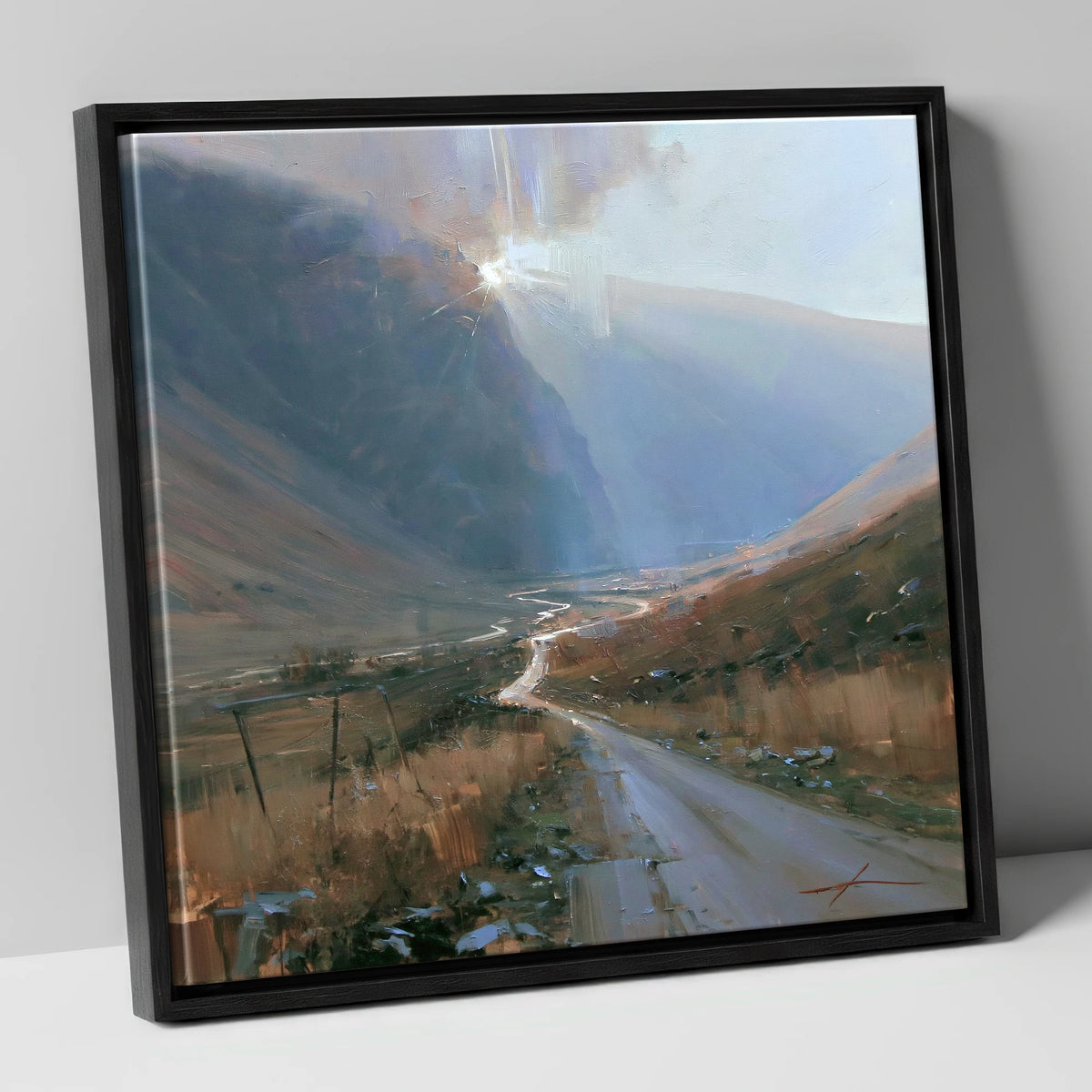Mountain Pass in Breaking Light lake district valley canvas wall art in black frame
