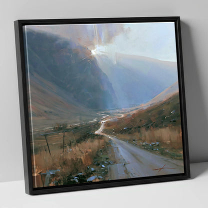 Mountain Pass in Breaking Light lake district valley canvas wall art in black frame