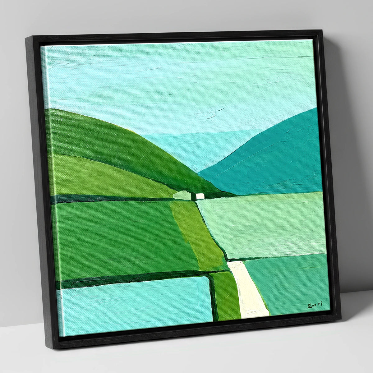 Geometric Green Valley Between Fells lake district valley canvas wall art in black frame