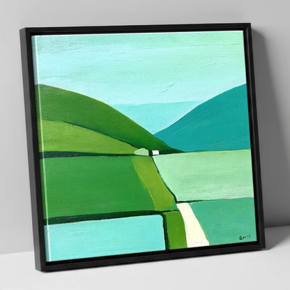 Geometric Green Valley Between Fells lake district valley canvas wall art in black frame