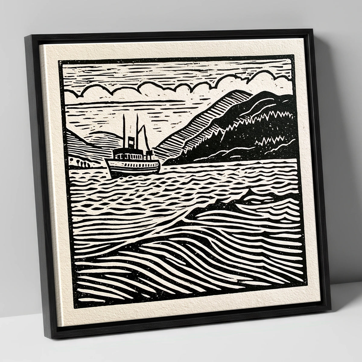 Monochrome Steamer on Ullswater lake district lake canvas wall art in black frame