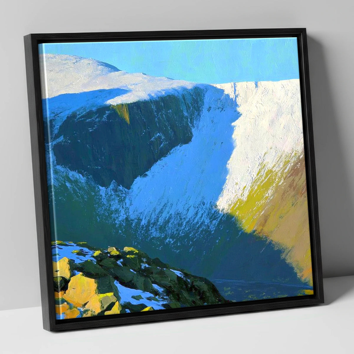 Sunlit Snow on Lingmell Crags lake district fell canvas wall art in black frame