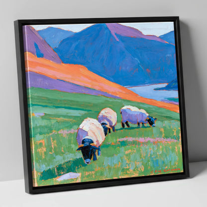 Herdwick Sheep on Colourful Fell lake district wildlife canvas wall art in black frame