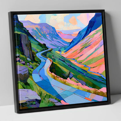 Colourful Winding Mountain Pass lake district valley canvas wall art in black frame