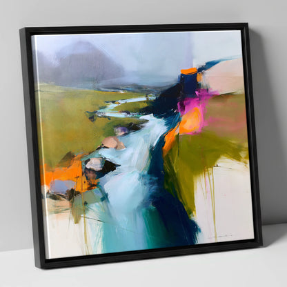 Dynamic Abstract Fellside Beck lake district waterfall canvas wall art in black frame