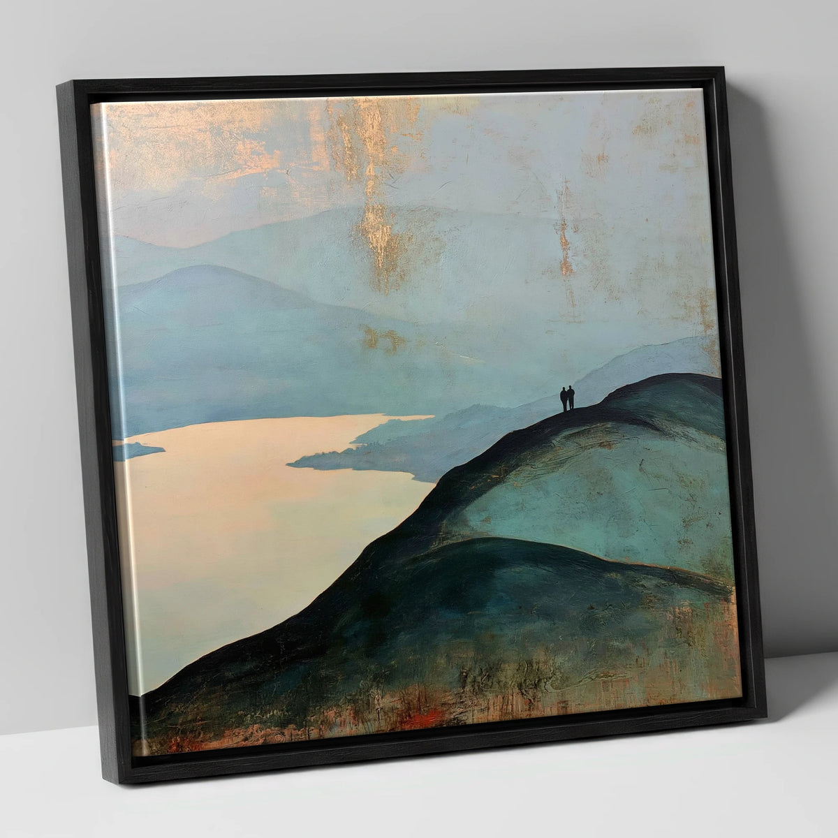 Silhouetted Walkers on Catbells Ridge lake district fell canvas wall art in black frame