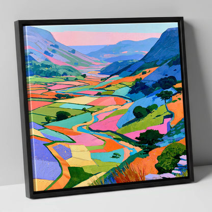 Vibrant Patchwork Fields and Fells lake district valley canvas wall art in black frame