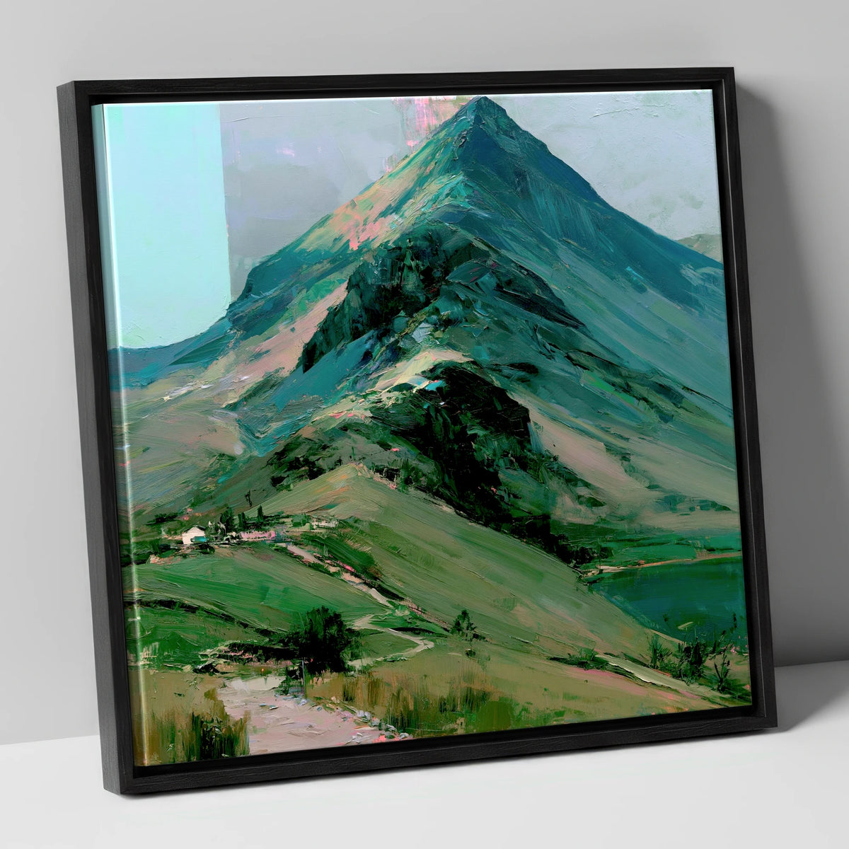 Bold Green Lake District Mountain lake district fell canvas wall art in black frame