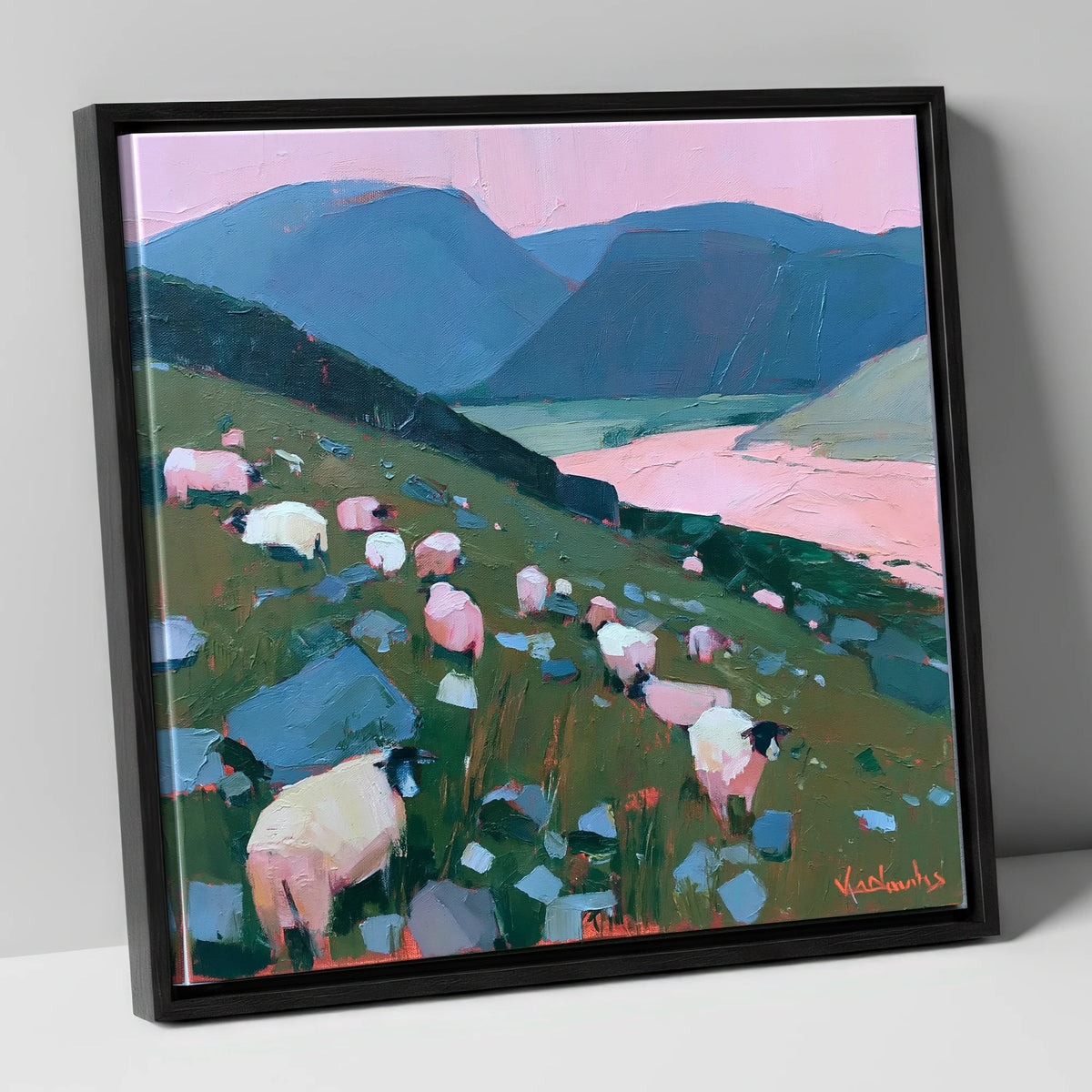 Herdwick Sheep Under Pink Skies lake district wildlife canvas wall art in black frame