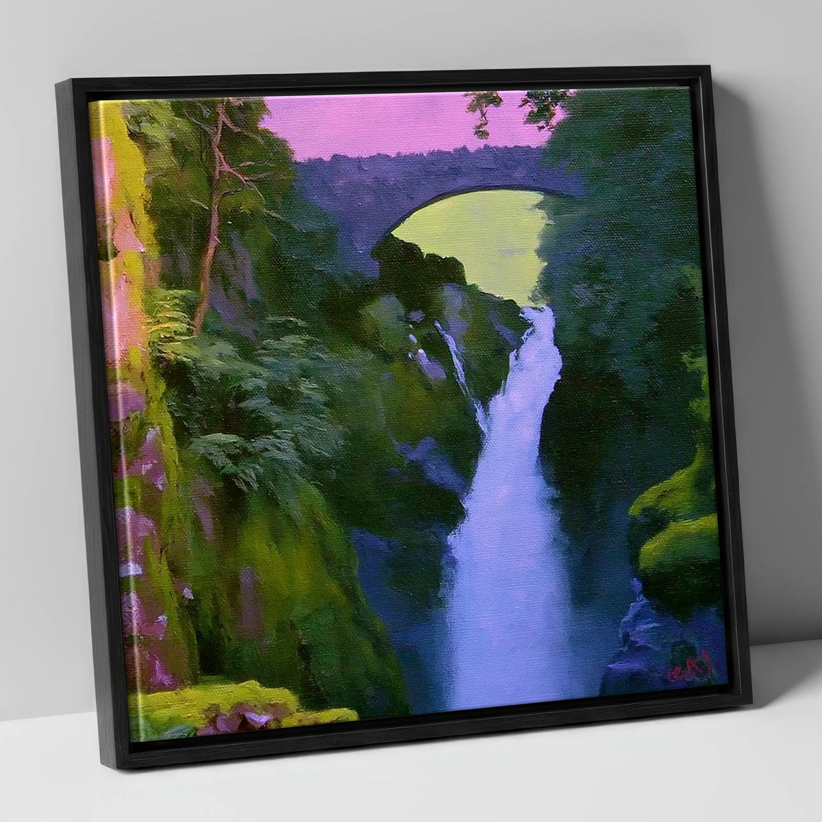 Aira Force Waterfall Magenta Sky lake district waterfall canvas wall art in black frame