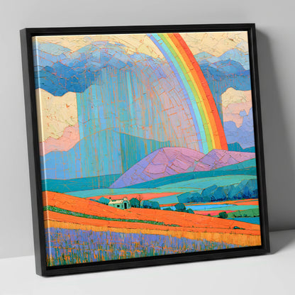 Lakeland Cottage Beneath Vivid Rainbow lake district sky canvas wall art in black frame