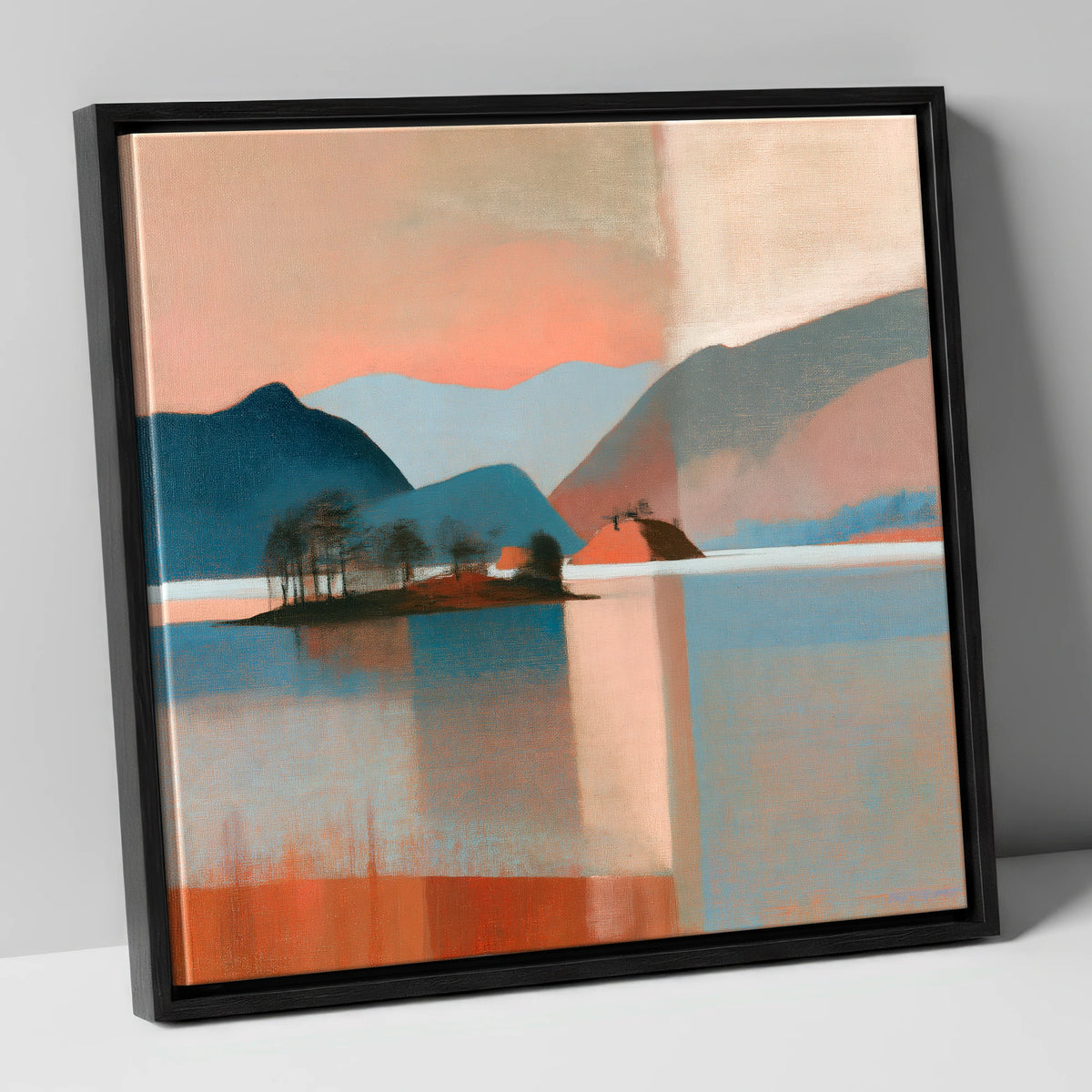 Terracotta Sunset Over Derwentwater lake district lake canvas wall art in black frame