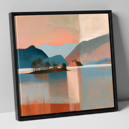 Terracotta Sunset Over Derwentwater lake district lake canvas wall art in black frame