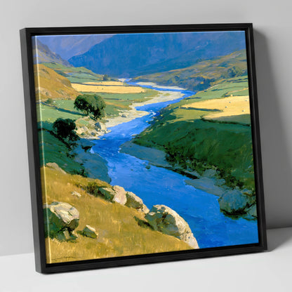 Winding Blue River Valley lake district waterfall canvas wall art in black frame