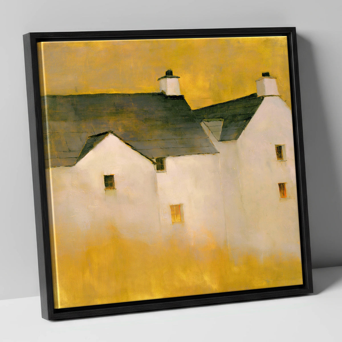 Slate Cottages In Golden Light lake district village canvas wall art in black frame