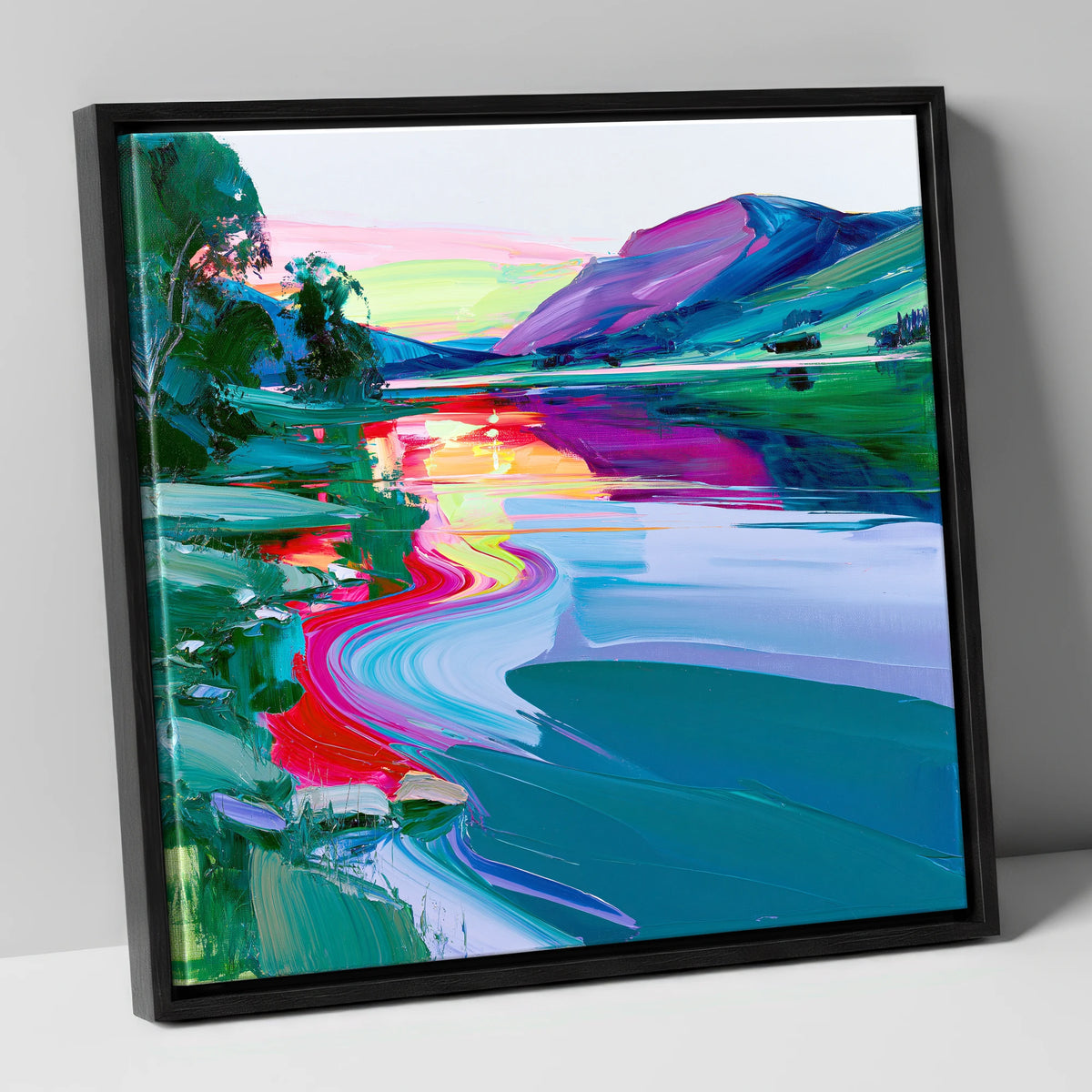 Electric Lake Sunset Reflections lake district lake canvas wall art in black frame