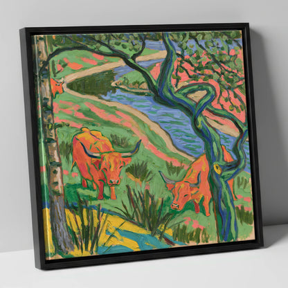 Vibrant Highland Cattle by the Beck lake district wildlife canvas wall art in black frame
