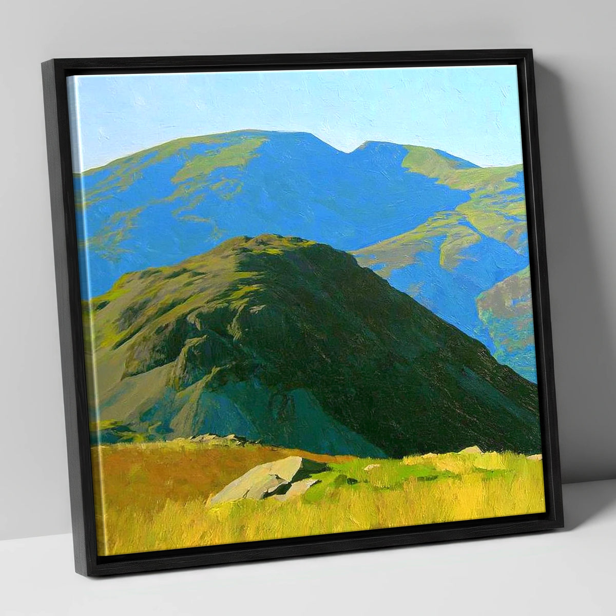 Vibrant Hard Knott and Blue Peaks lake district fell canvas wall art in black frame