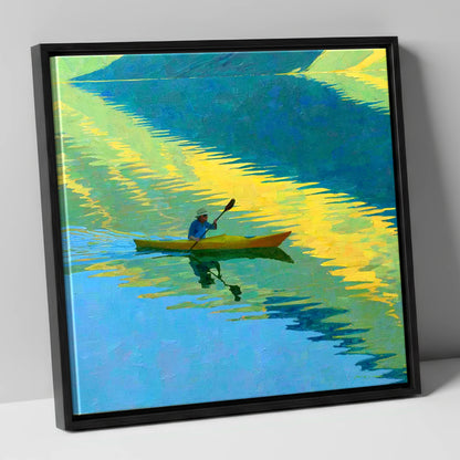 Kayaker on Vibrant Golden Water Reflections lake district walking canvas wall art in black frame