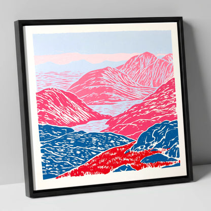 Cobalt and Crimson Summit View lake district fell canvas wall art in black frame