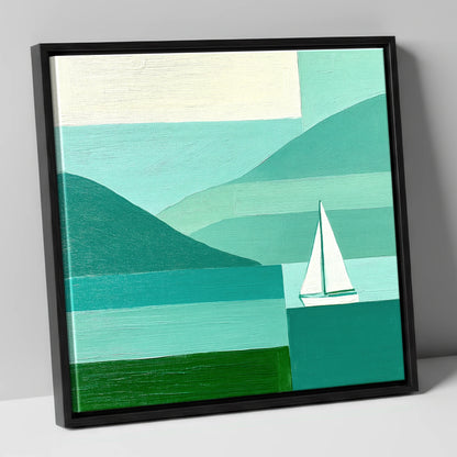 Geometric Lake District Sailboat lake district walking canvas wall art in black frame