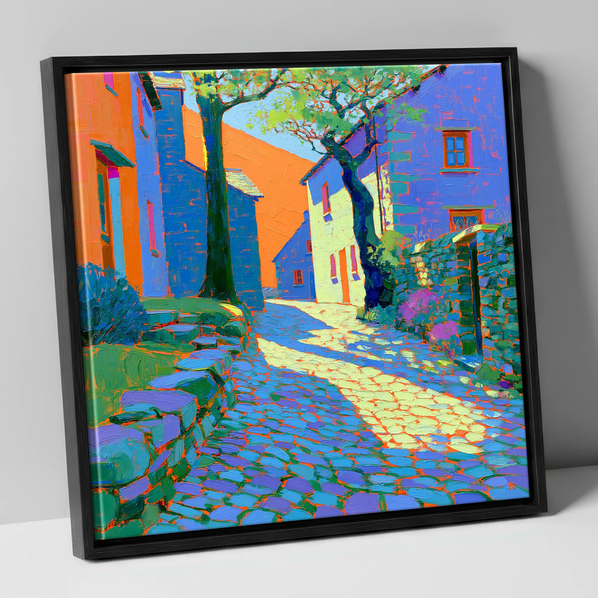 Dappled Sunlight on Village Cobbles lake district village canvas wall art in black frame