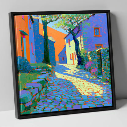 Dappled Sunlight on Village Cobbles lake district village canvas wall art in black frame
