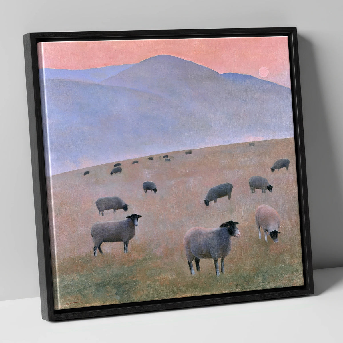 Herdwick Sheep on Pastel Fells lake district wildlife canvas wall art in black frame