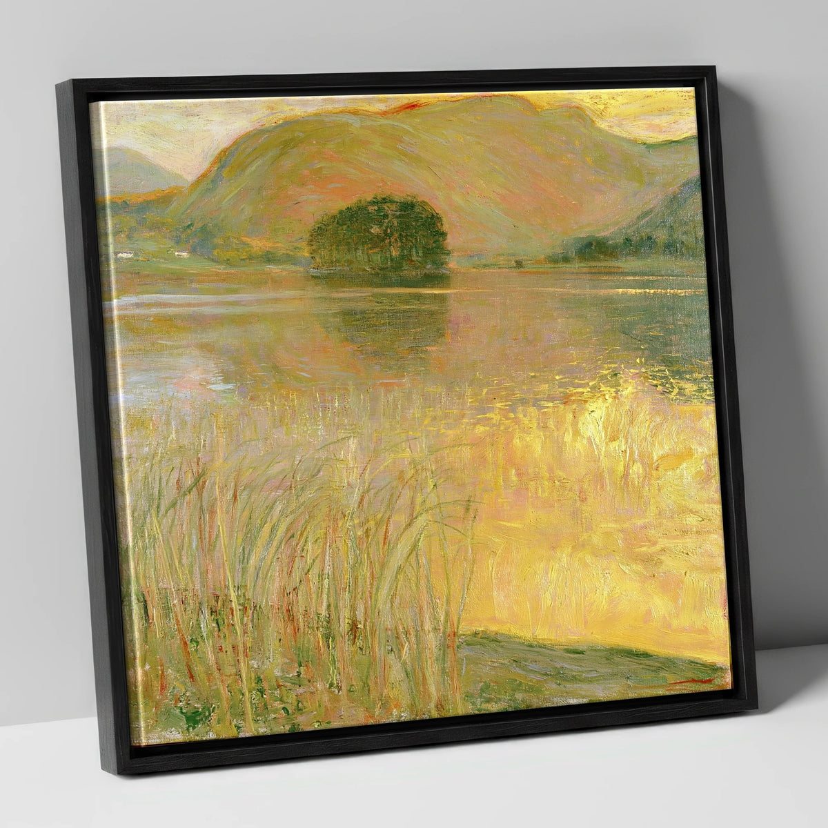 Golden Waters of Grasmere Island lake district lake canvas wall art in black frame