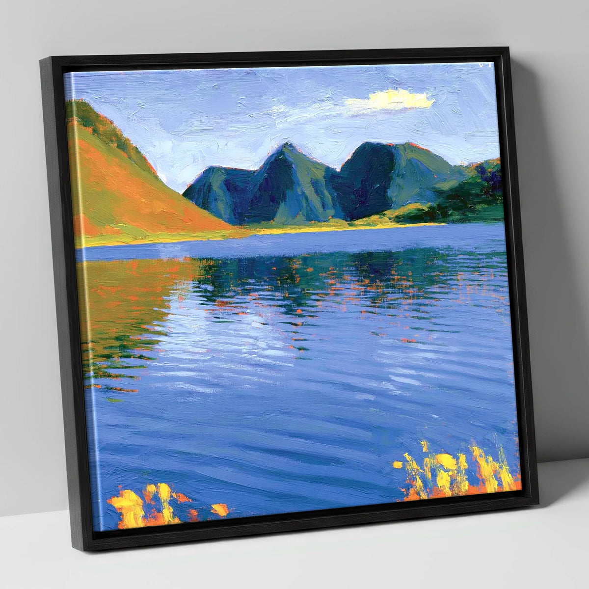 Vibrant Reflections on Loweswater lake district lake canvas wall art in black frame