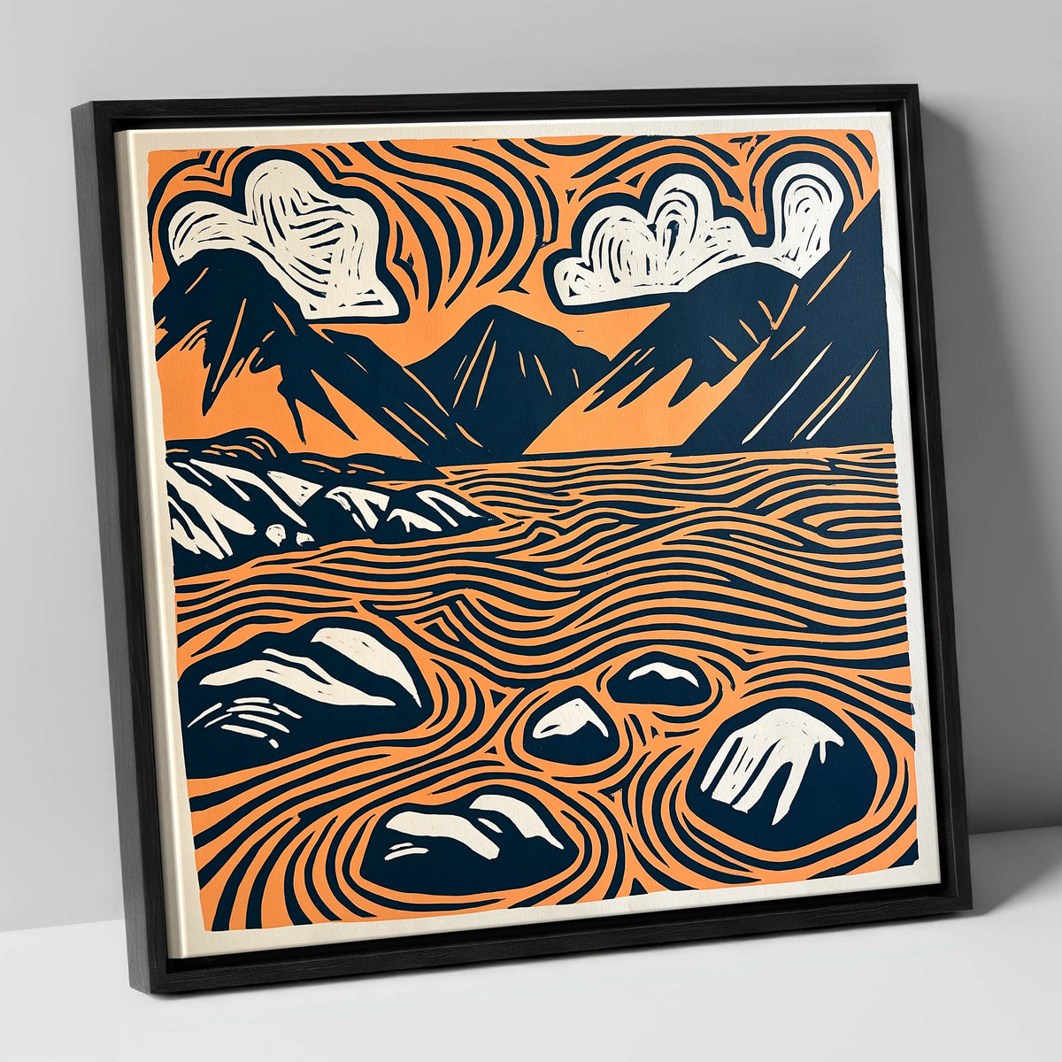 Graphic Terracotta Wastwater Landscape lake district lake canvas wall art in black frame