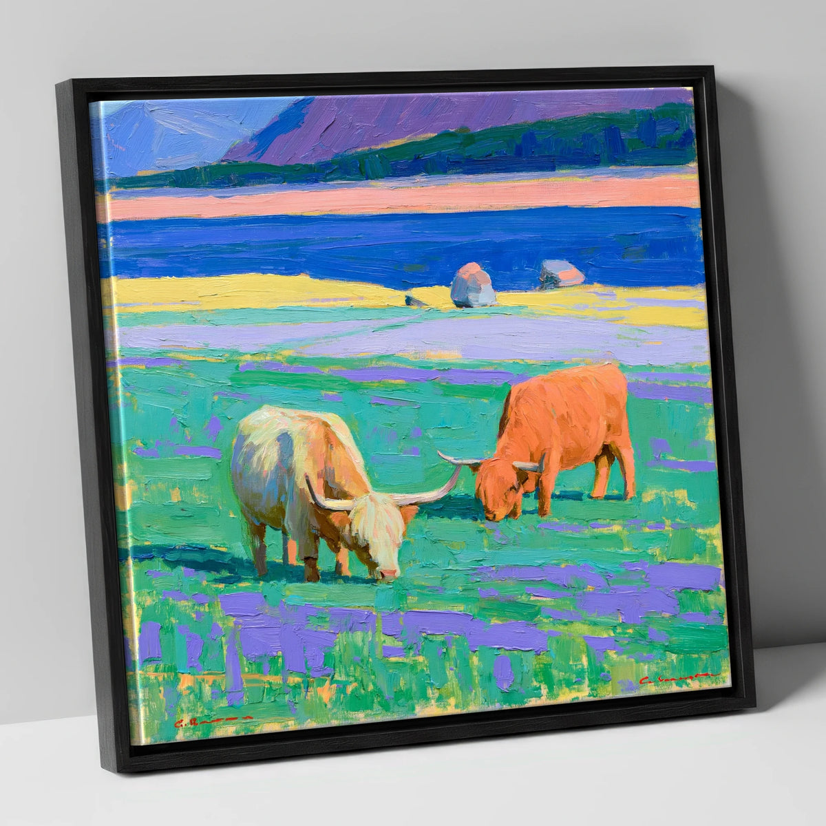 Vibrant Highland Cattle Pasture lake district wildlife canvas wall art in black frame