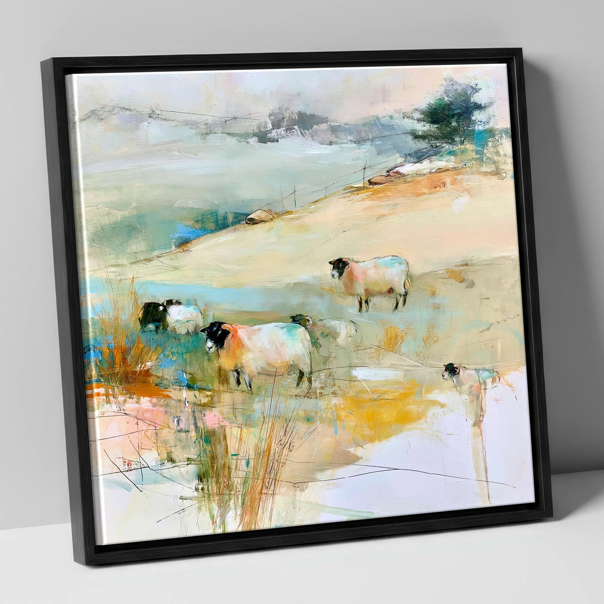 Contemporary Herdwick Sheep on Fellside lake district wildlife canvas wall art in black frame