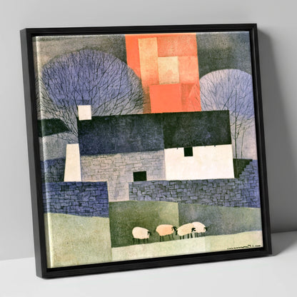 Stone Cottage in Bold Terracotta lake district village canvas wall art in black frame