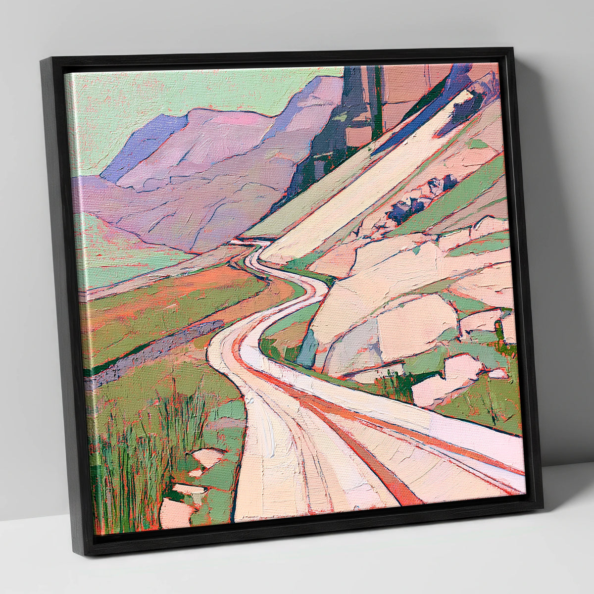 Vibrant Winding Mountain Pass lake district valley canvas wall art in black frame