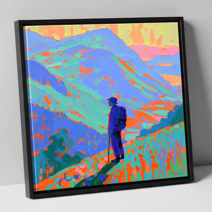 Vibrant Fell Walker Silhouette lake district walking canvas wall art in black frame
