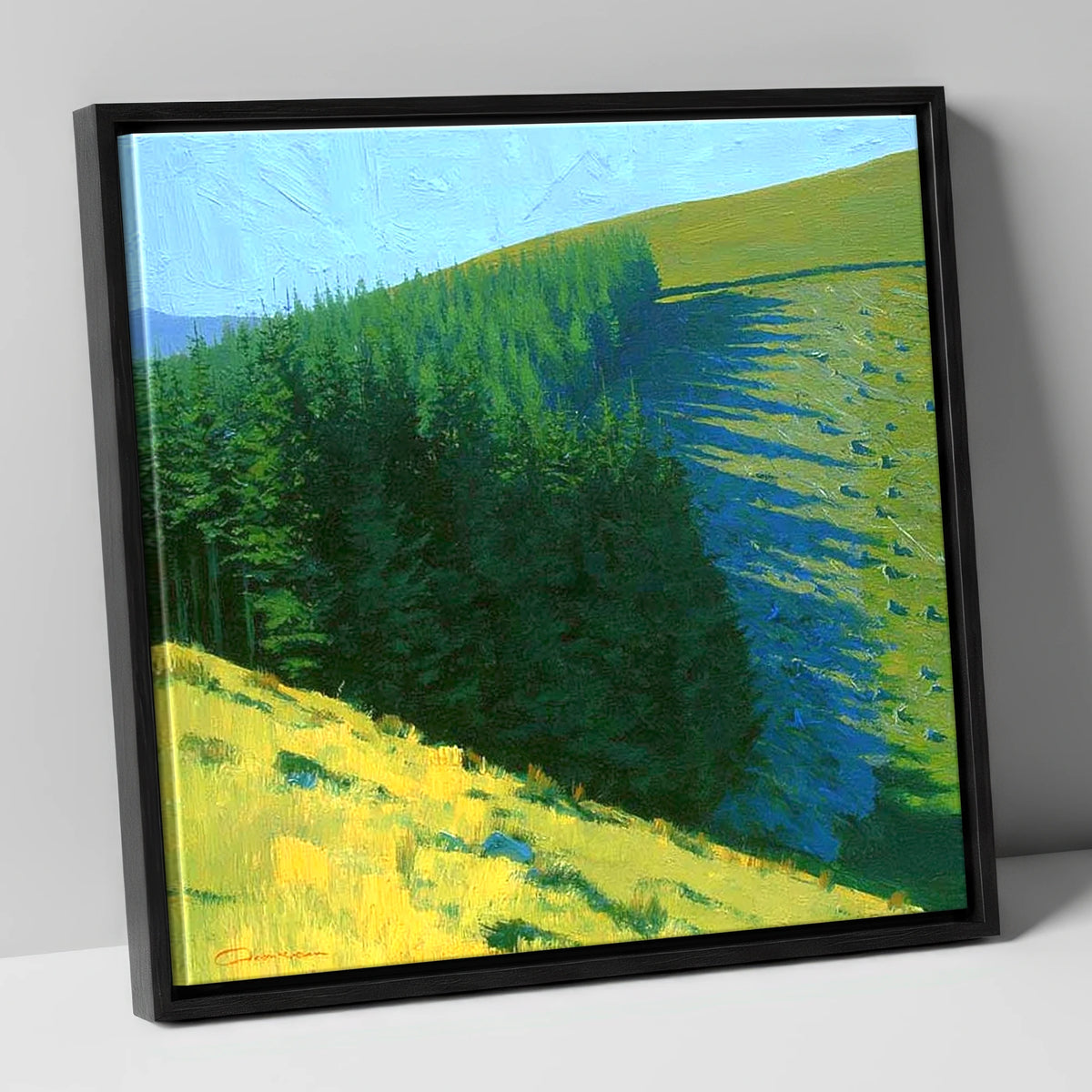 Conifer Shadows on Broom Fell lake district fell canvas wall art in black frame