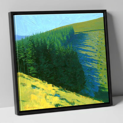 Conifer Shadows on Broom Fell lake district fell canvas wall art in black frame