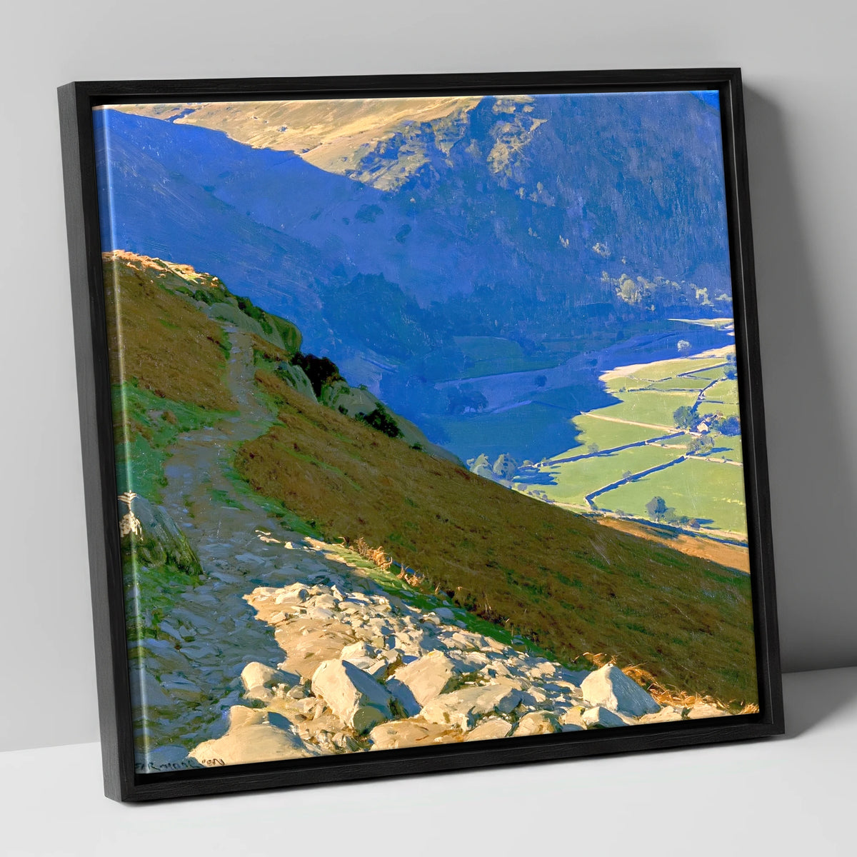 Stony Descent to Patterdale Valley lake district village canvas wall art in black frame
