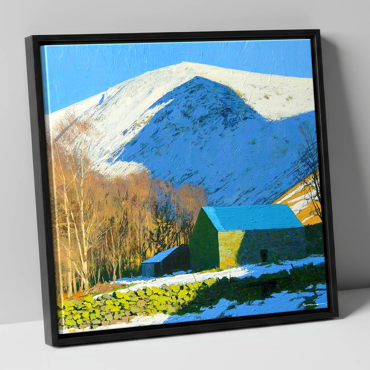 Snowy Bowscale Fell and Stone Barn lake district fell canvas wall art in black frame