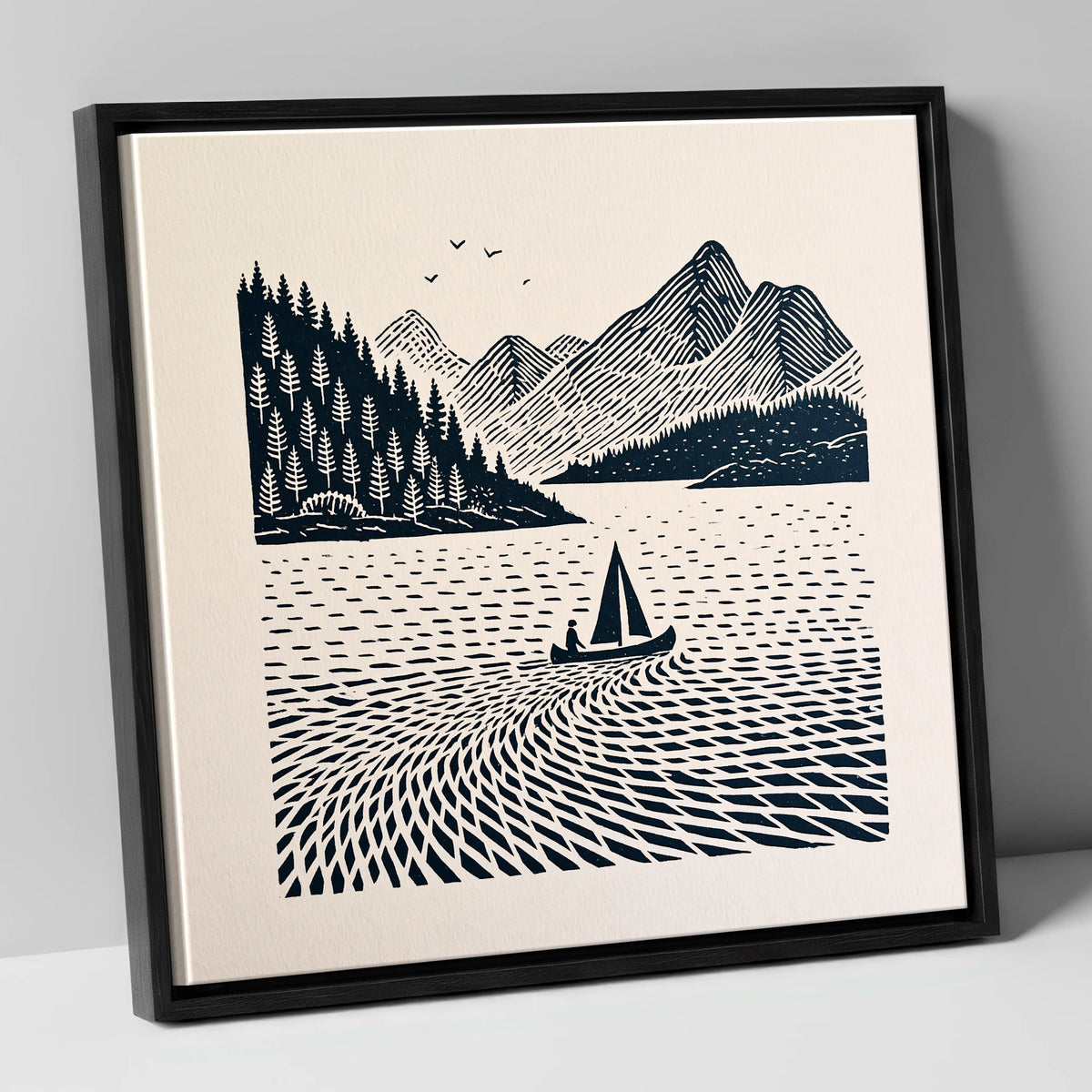 Dark Navy Derwentwater Sailing Scene lake district lake canvas wall art in black frame