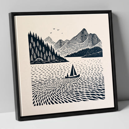 Dark Navy Derwentwater Sailing Scene lake district lake canvas wall art in black frame