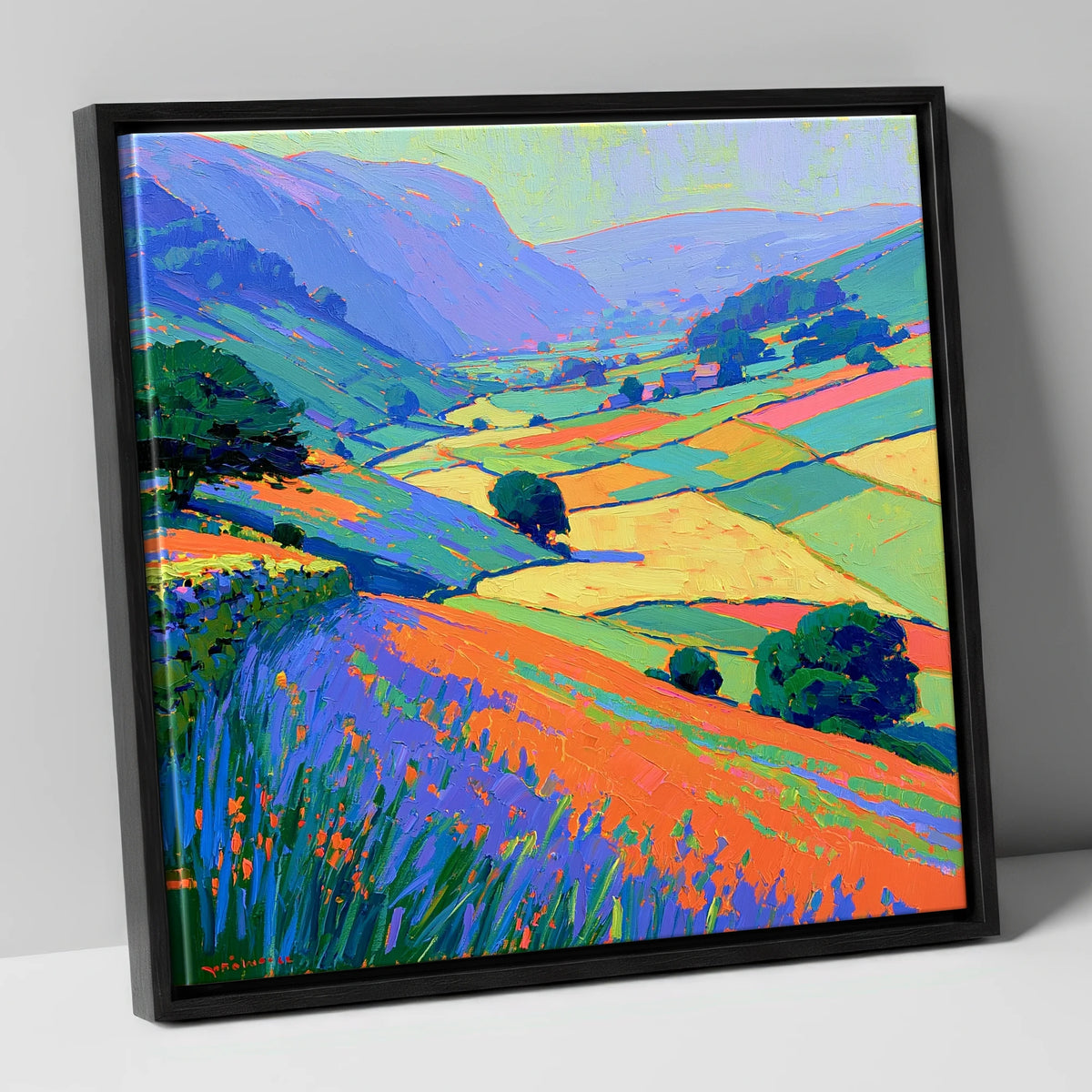 Colourful Patchwork Dale Fields lake district valley canvas wall art in black frame