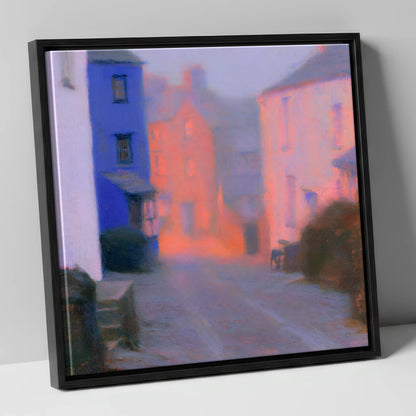 Twilight Haze Over Village Street lake district village canvas wall art in black frame