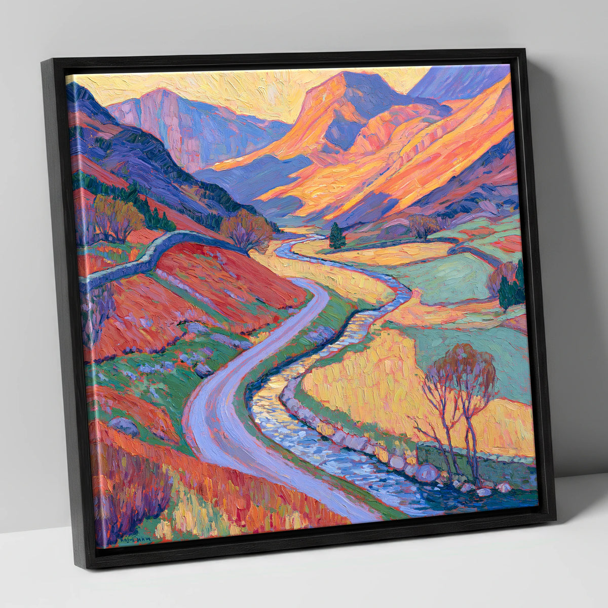 Winding Valley River in Radiant Amber lake district waterfall canvas wall art in black frame