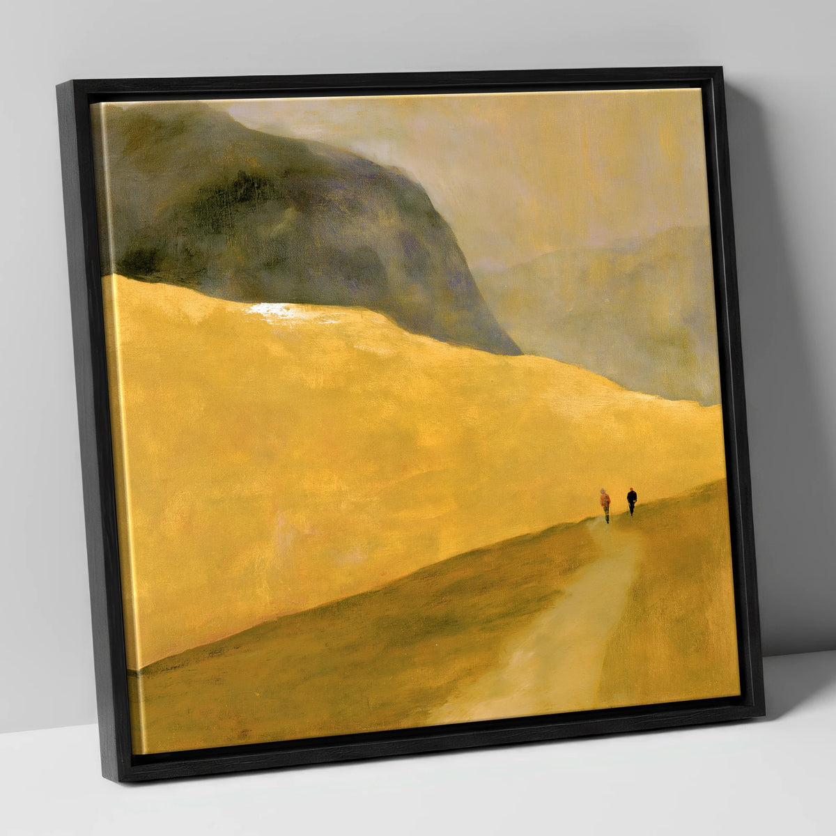 Walkers on a Golden Fell lake district walking canvas wall art in black frame