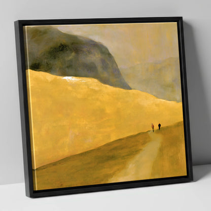 Walkers on a Golden Fell lake district walking canvas wall art in black frame