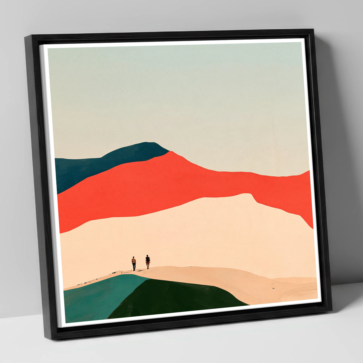Hikers on a Graphic Fell Ridge lake district fell canvas wall art in black frame